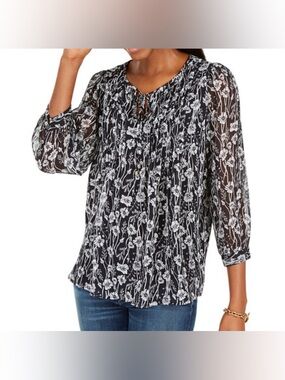 Tommy Hilfiger Navy and White Floral Tie-Neck Blouse - Size XXL